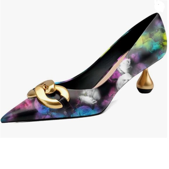 XYD Illusive Rose Low Heel Pointed Toe Pumps Metal Chain Solid Golden Heel Shoes - Picture 1 of 8